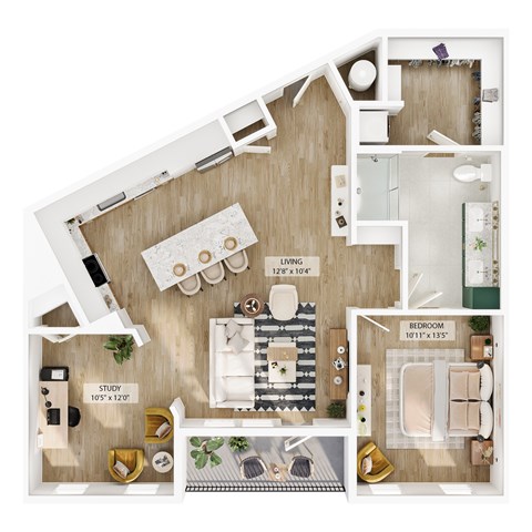 Floor plan for 1 bed, 1 bath, 1023 sqft